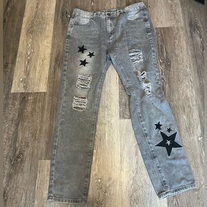 Gray Distressed Star Patch Jeans